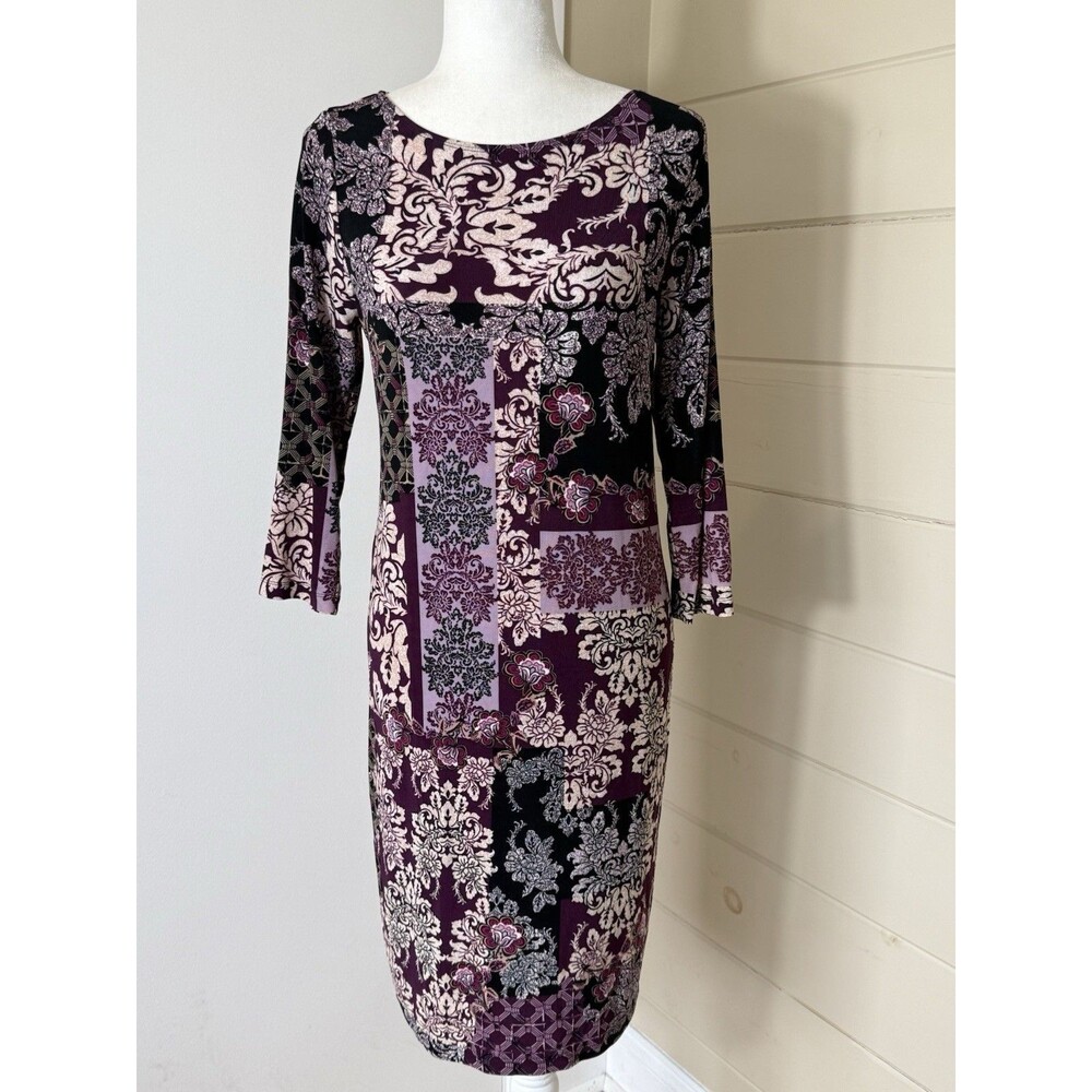 Chico's 3/4 Sleeve Sheath Dress Multicolor Floral Patchwork Womens 0 Zipper Back